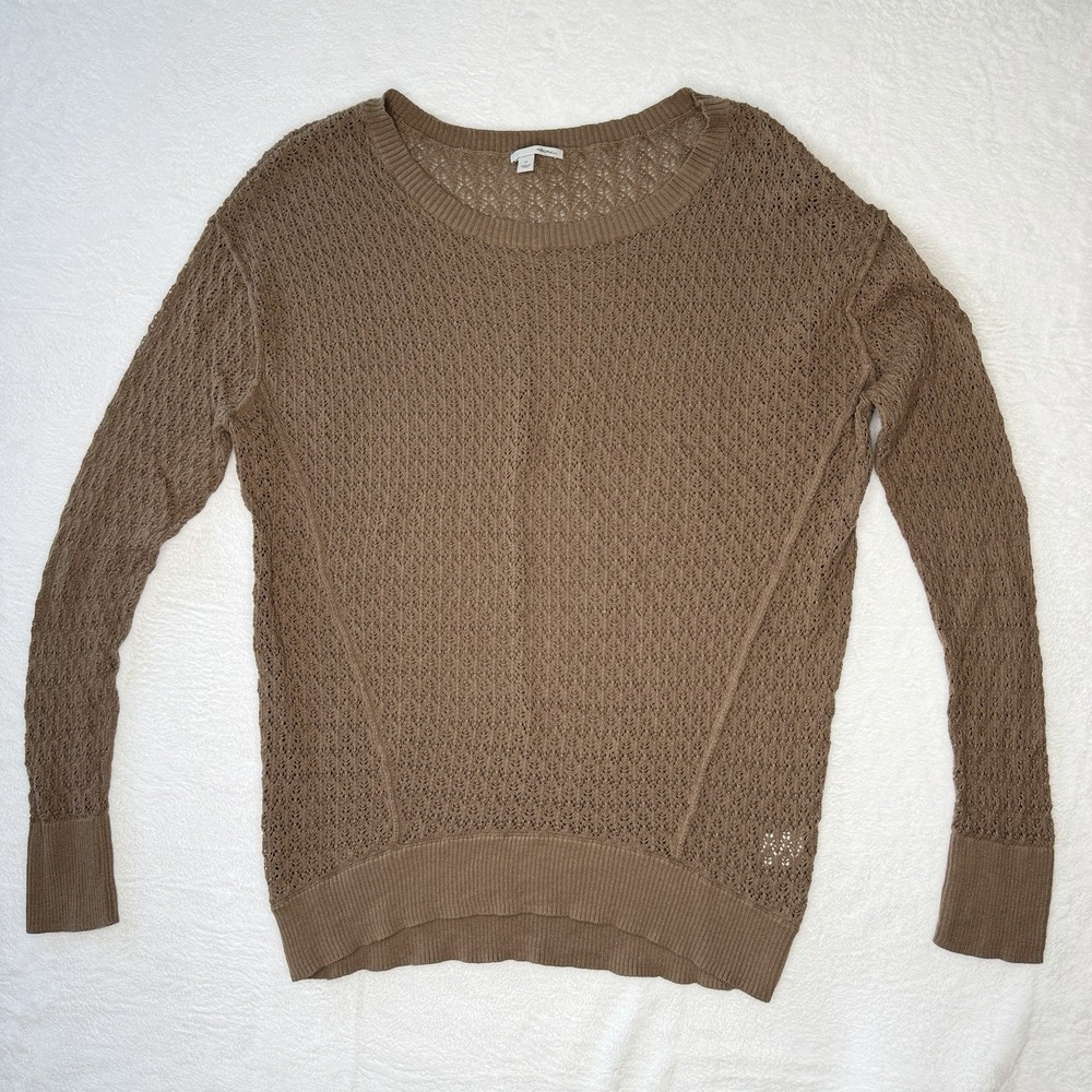Halogen Open Knit Sweater Women M Brown Cotton Lightweight Boho Casual Pointelle